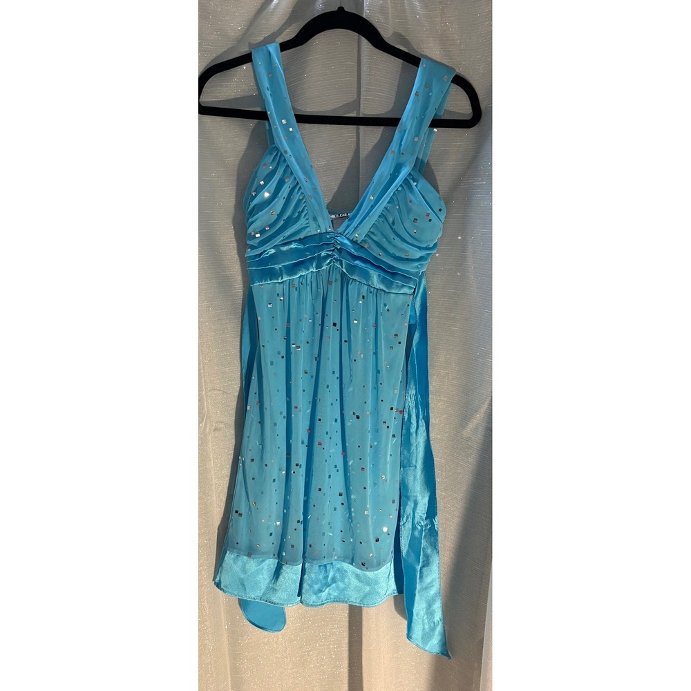 Vintage Y2K deb Light Blue Deep V Babydoll Sequin Mini Dress Homecoming Medium
